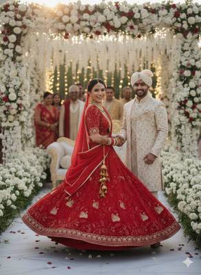 red georgette embroidered lehenga set 3
