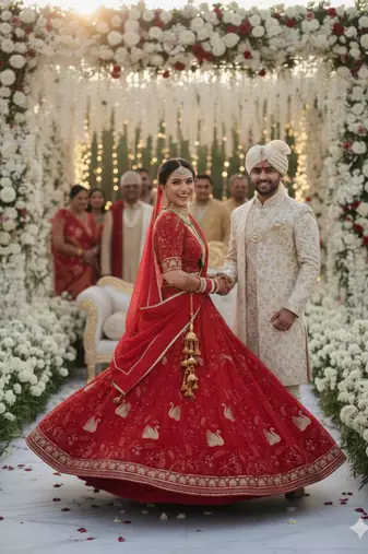 red georgette embroidered lehenga set