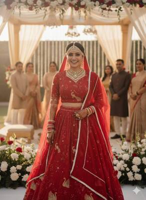 red georgette embroidered lehenga set 4