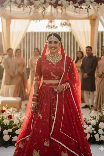 red georgette embroidered lehenga set
