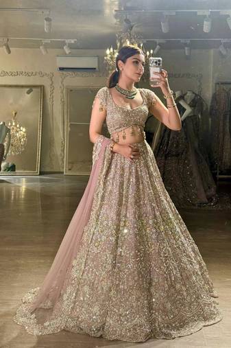 baby pink georgette embroidered lehenga set