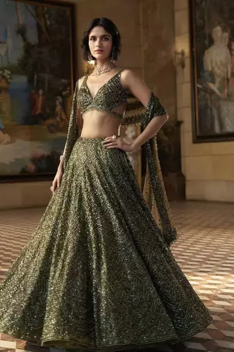olive silkblend embroidered lehenga set