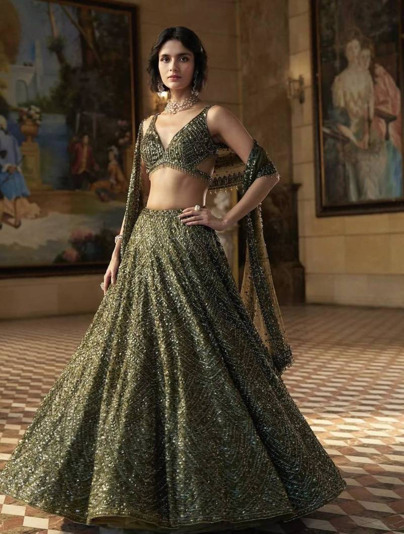 olive silkblend embroidered lehenga set