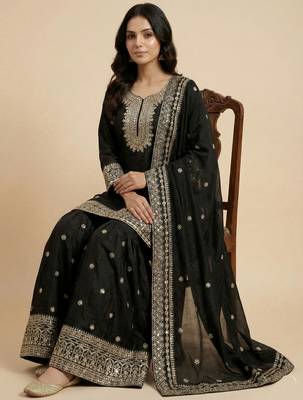 Black designer chinon sequins embroidered work readymade suit 2