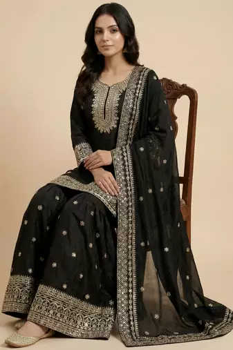 Black designer chinon sequins embroidered work readymade suit