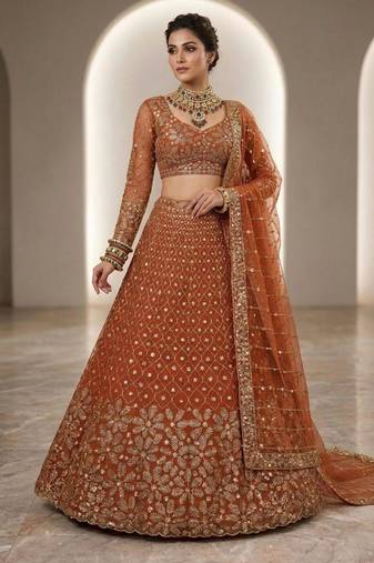 orange net embroidered lehenga set