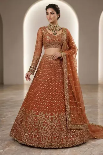 orange net embroidered lehenga set