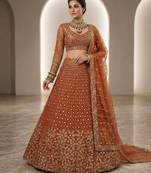 orange net embroidered lehenga set