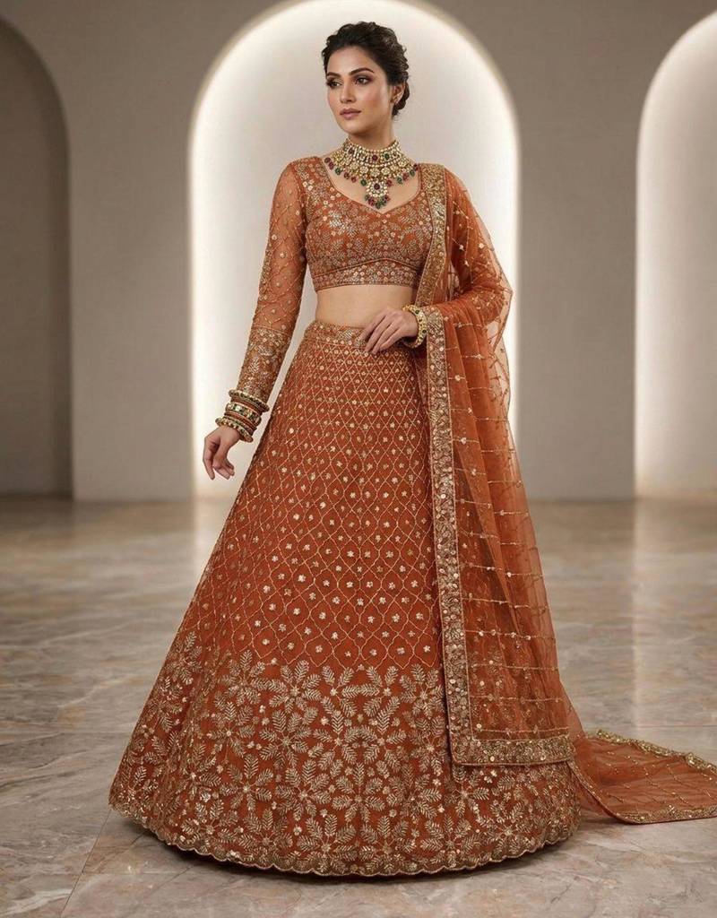 orange net embroidered lehenga set
