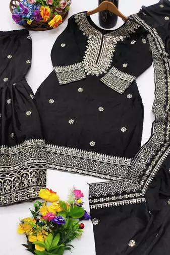 Black designer chinon sequins embroidered work readymade suit