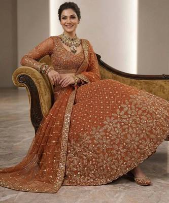 orange net embroidered lehenga set 2