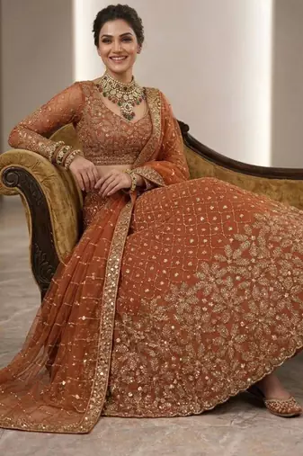 orange net embroidered lehenga set