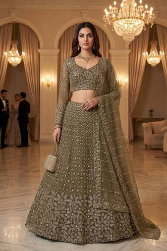 olive net embroidered lehenga set