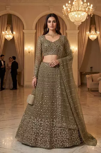 olive net embroidered lehenga set