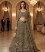 olive net embroidered lehenga set