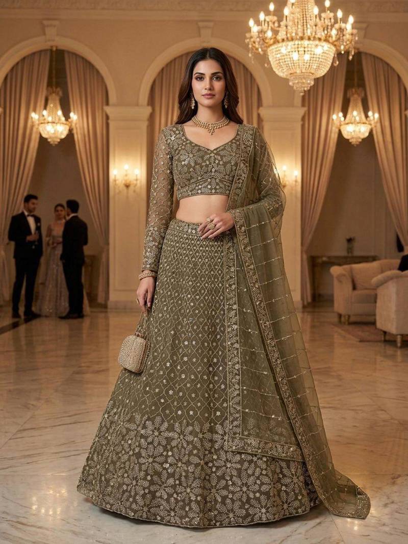 olive net embroidered lehenga set