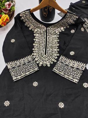 Black designer chinon sequins embroidered work readymade suit 4