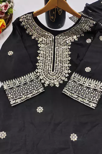 Black designer chinon sequins embroidered work readymade suit
