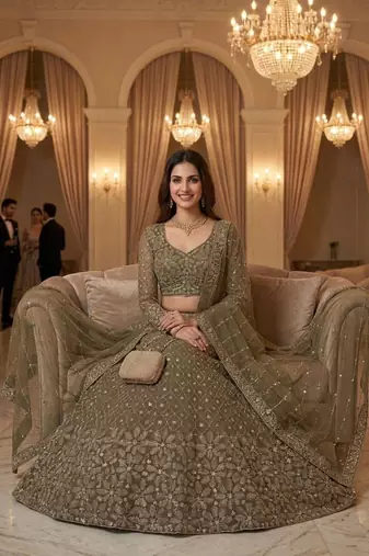 olive net embroidered lehenga set
