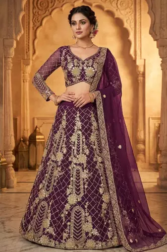 purple silkblend embroidered lehenga set