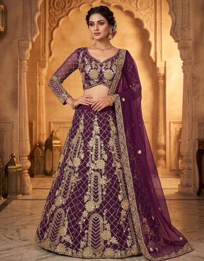 purple silkblend embroidered lehenga set
