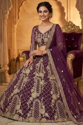 purple silkblend embroidered lehenga set