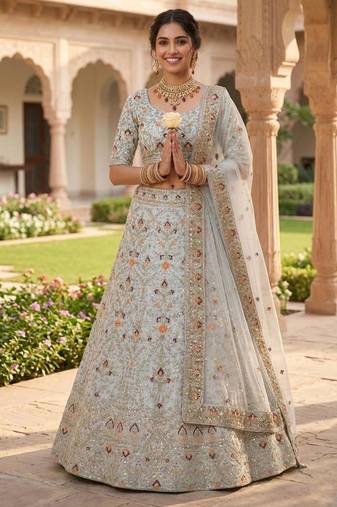 sky blue satin embroidered lehenga set