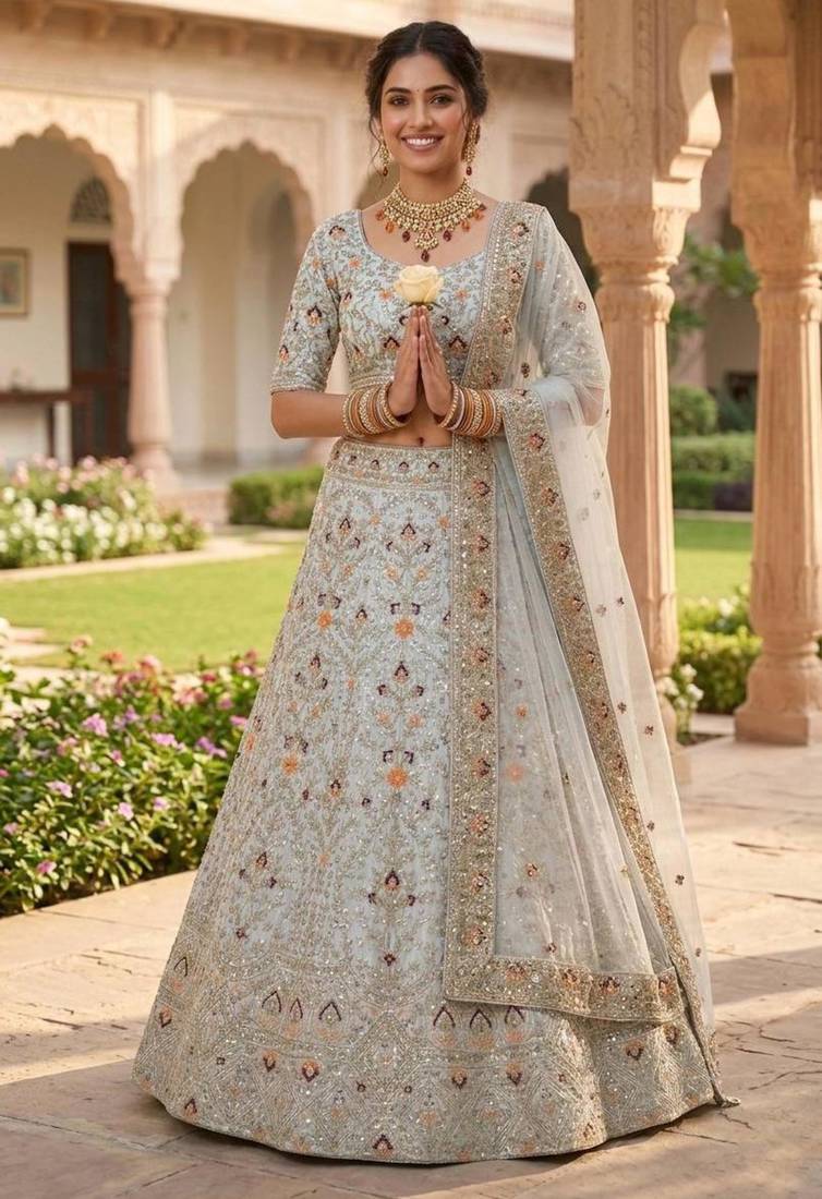 sky blue satin embroidered lehenga set