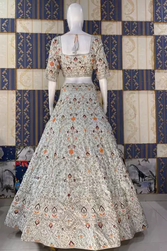 sky blue satin embroidered lehenga set