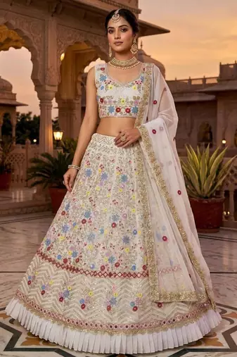 off white georgette embroidered lehenga set