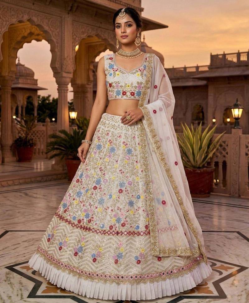 off white georgette embroidered lehenga set