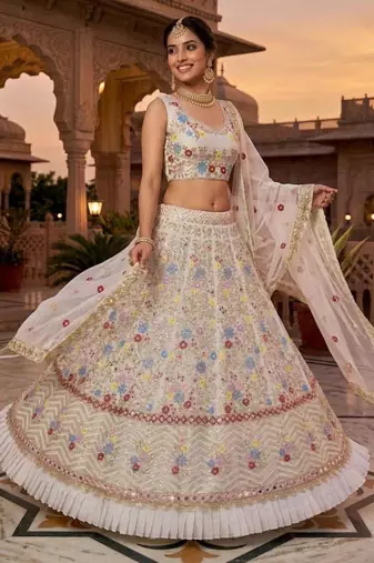 off white georgette embroidered lehenga set