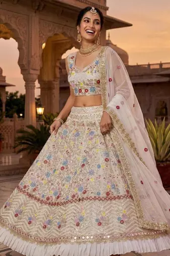 off white georgette embroidered lehenga set