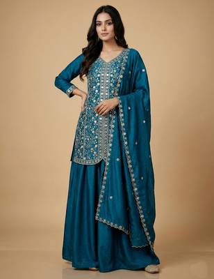 Teal designer chinon sequins embroidered work readymade suit 1
