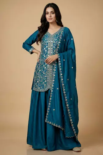 Teal designer chinon sequins embroidered work readymade suit