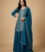 Teal designer chinon sequins embroidered work readymade suit