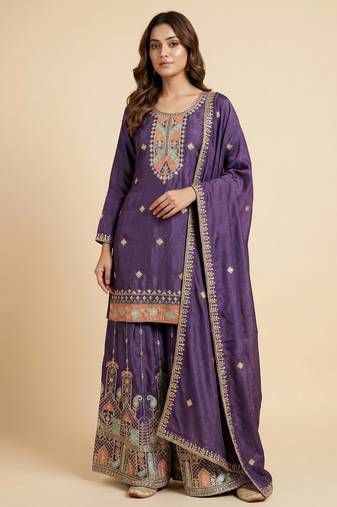 Purple designer chinon sequins embroidered work readymade suit