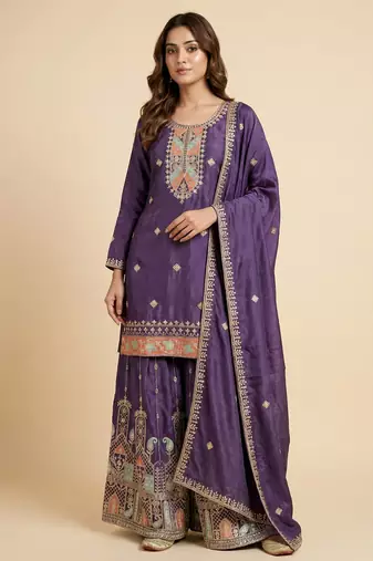 Purple designer chinon sequins embroidered work readymade suit