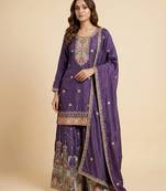 Purple designer chinon sequins embroidered work readymade suit
