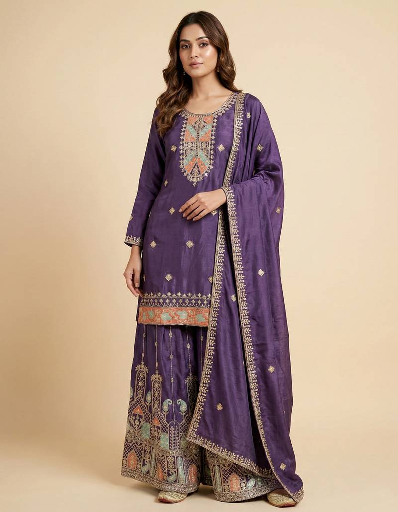Purple designer chinon sequins embroidered work readymade suit