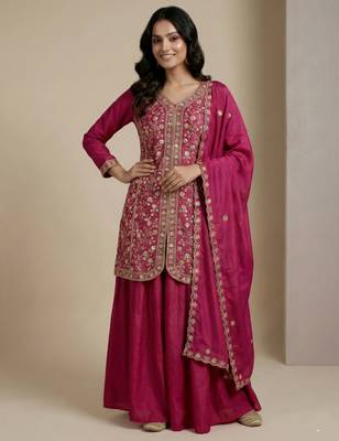 Pink designer chinon sequins embroidered work readymade suit 1