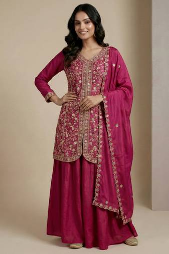 Pink designer chinon sequins embroidered work readymade suit