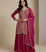 Pink designer chinon sequins embroidered work readymade suit