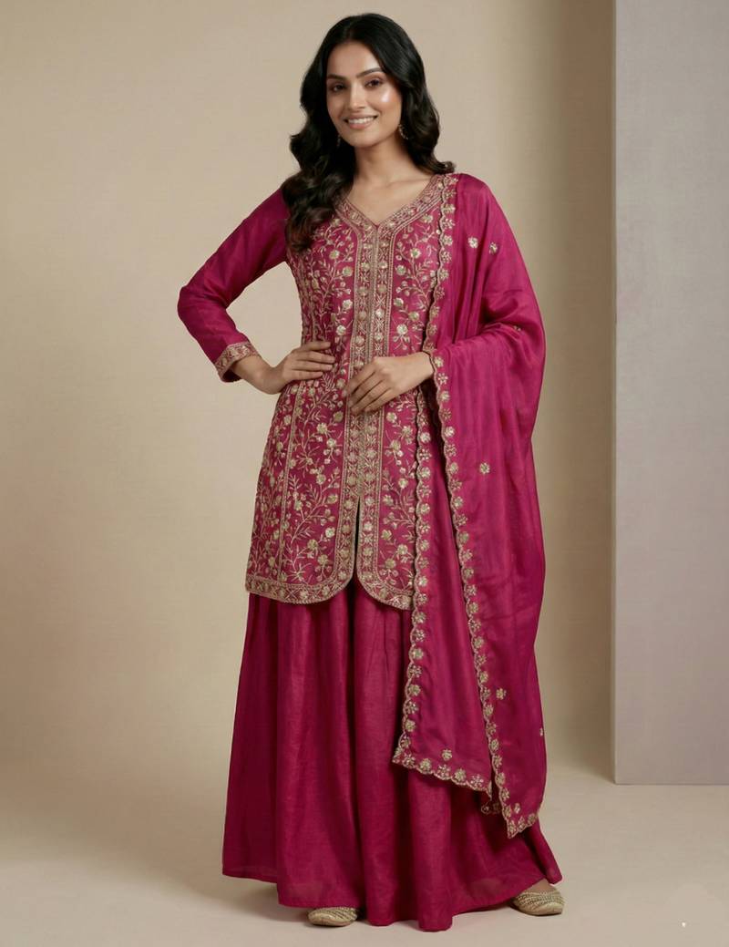 Pink designer chinon sequins embroidered work readymade suit