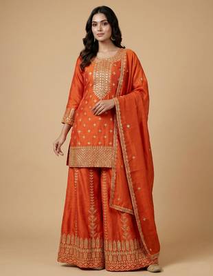 Orange designer chinon sequins embroidered work readymade suit 1