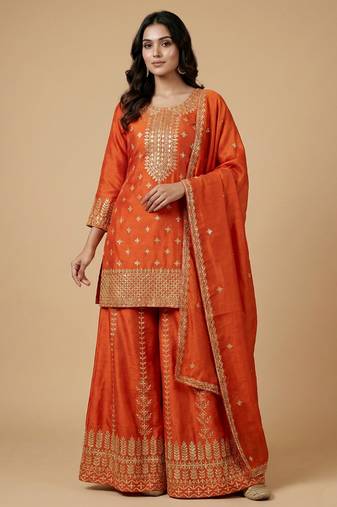 Orange designer chinon sequins embroidered work readymade suit