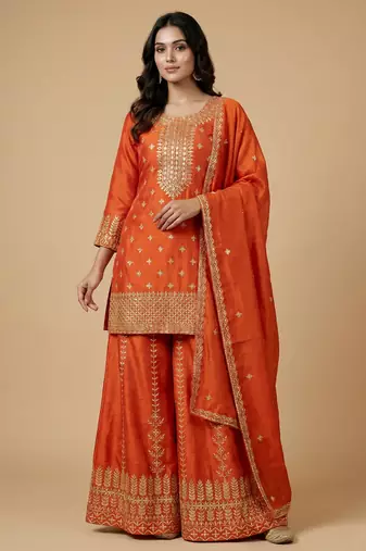 Orange designer chinon sequins embroidered work readymade suit