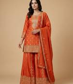 Orange designer chinon sequins embroidered work readymade suit