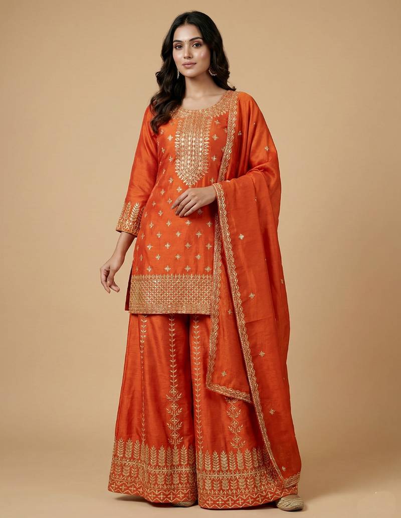 Orange designer chinon sequins embroidered work readymade suit