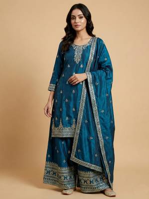 Teal designer chinon sequins embroidered work readymade suit 1